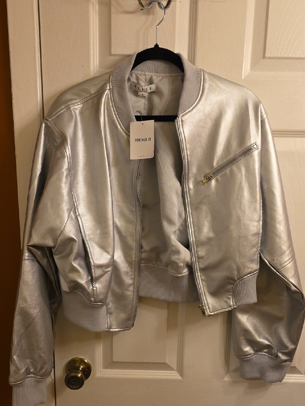 Forever 21 Metallic Silver Cropped Bomber Jacket